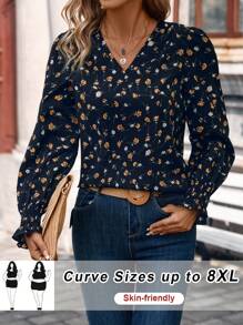 SHEIN CURVE+ 大码女式花卉 V 领长袖优雅衬衫，适合度假 - 藏蓝色 - 查看 1