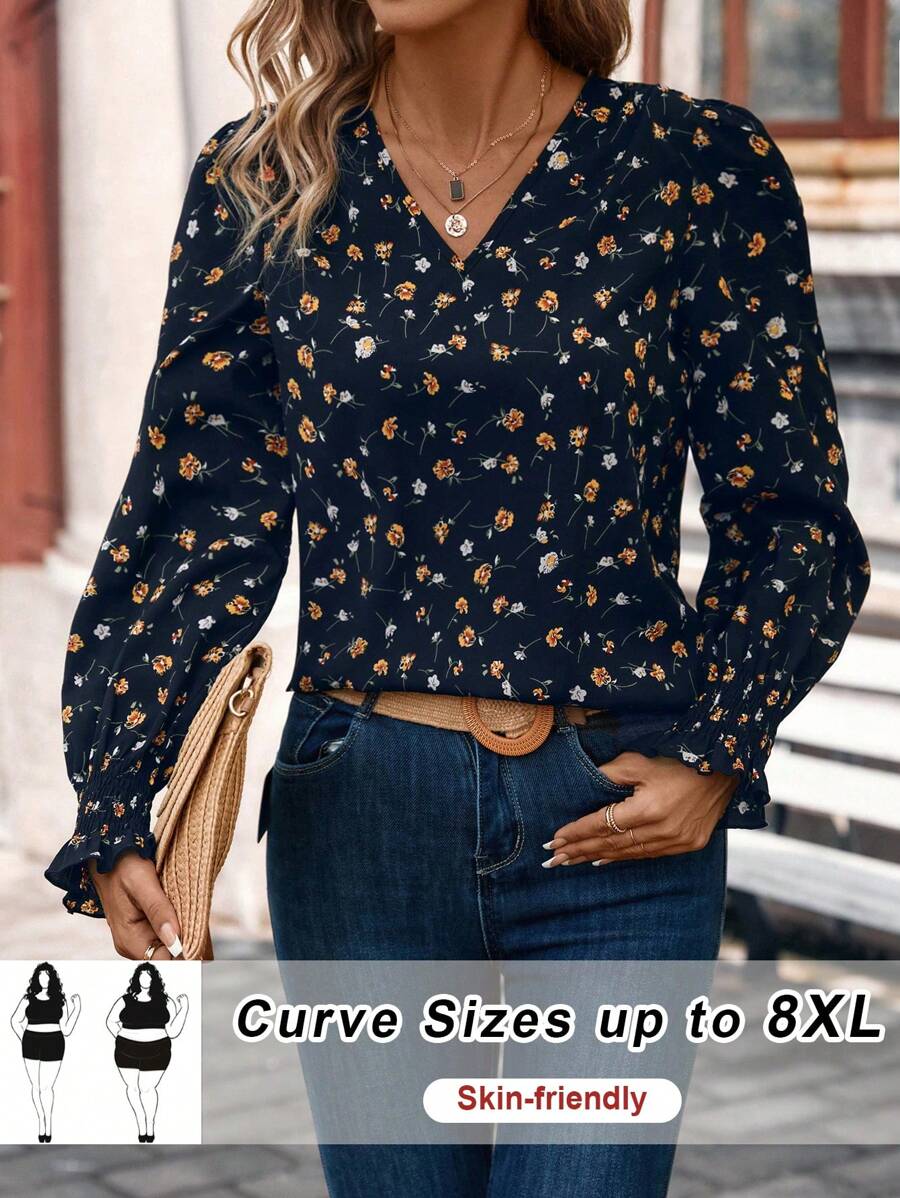 SHEIN CURVE+ 大码女式花卉 V 领长袖优雅衬衫，适合度假 - 藏蓝色 - 查看 1