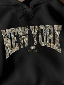 SHEIN EZwear Casual Simple Leaf & New York Graphic Print Loose Fit Women Hoodie Sweatshirt