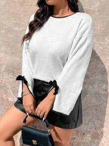 SHEIN Clasi 大码保暖毛衣，柔软舒适，袖口带蝴蝶结，通勤、日常穿着、派对搭配、冬季优雅之选 - 白色 - 查看 6