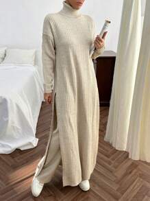 EURMUSE Women Solid Color Rib Knit Turtleneck Slit Detailed Long Sweater Dress & Sweater Pants Set - Beige - View 4