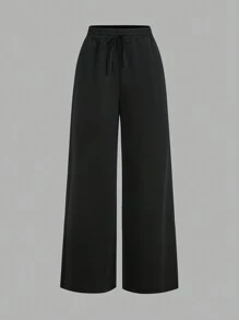 SHEIN EZwear 2pcs Women's Casual Solid Color Wide Leg Sweatpants - Khaki - View 8