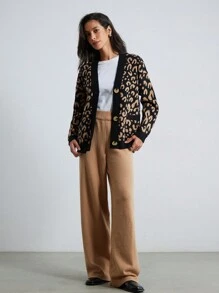 Aveloria Modichic 2pcs Vintage Commuter Leopard Jacquard Open-Front Cardigans, Oversized Color Block Solid Color Warm Sweaters For Women Oversized Cheetah Print Sweater 