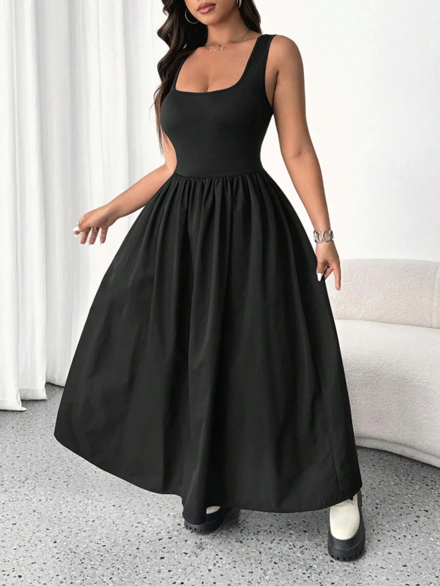 Flirla Đầm Maxi Không Tay Cổ Vuông Dệt Kim Size Lớn Cho Nữ Trang Phục Thường Ngày - màu đen - Xem 1