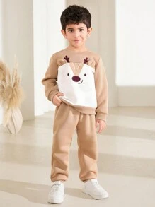 SHEIN 2pcs/Set Cartoon Elk Print Crew Neck Long Sleeve Sweatshirt And Pants Casual Outfit For Young Boy - Khaki - View 1