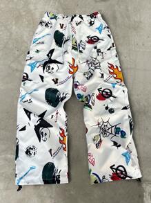 Manfinity EMRG 男士休闲直筒裤，彩色手绘火焰印花，男士年轻街头潮流 INS，秋季男装，Y2K，说唱歌手超大裤 - 白色 - 查看 1