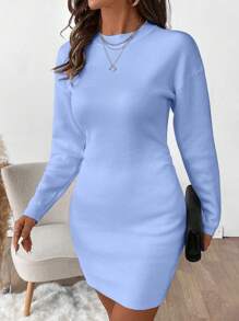 SHEIN Clasi Đầm len dài tay cổ tròn màu trơn tối giản thanh lịch cho công sở - Màu xanh nhạt - Xem 4