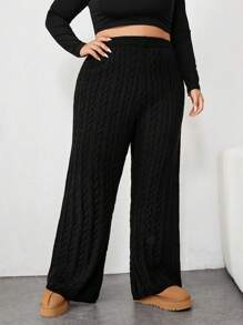 SHEIN CURVE+ Plus Size Women Solid Color Minimalist High Waist Jacquard Flare Pants, Knitted Trousers For Casual Daily Wear, Autumn & Winter - Black - View 5