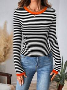 SHEIN LUNE Camiseta de manga larga con cuello redondo, estilo casual a rayas y color contrastante, atuendo básico de otoño/invierno para mujer