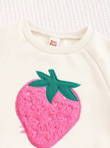 Cozy Pixies 女婴草莓图案圆领长袖插肩休闲简约毛绒刺绣套头衫，温暖舒适，保暖内衬，百搭运动休闲百搭上衣，杏色 - 杏色 - 查看 4