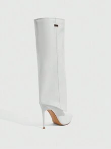 CUCCOO SZL Fashion White Metal Decor Pointed Toe Wide Leg Thin High Heel Knee-High Boots For Spring Shoes Spring Break Easter For Christmas Spring Shoes - White - View 9