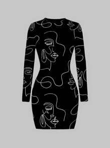 SHEIN Essnce 抽象线条肖像图案基本款铅笔裙，性感长袖紧身中长款女式夜店连衣裙 - 白色 - 查看 4