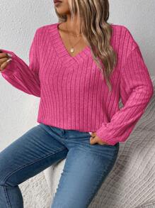 Plus Size Women Loose Fit V-Neck Ribbed Casual Pullover Sweatshirt For Autumn/Winter ,Graduation, Teachers For Women, Back To School Fall