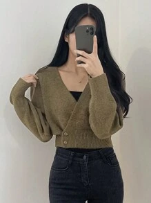 DAZY Women's Solid Color Overlapping V-Neck Long Sleeve Sweater, Autumn/Winter - Army Green - View 4