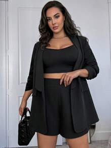 SHEIN Privé Ensemble tailleur pantalon court et veste noir élégant pour femmes grandes tailles, style minimaliste pour le lieu de travail, bordeaux d'automne - Noir - Voir 4