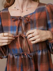 WESTFADE Váy mini cotton dài tay thắt nơ kẻ caro phía trước Nashville Outfits - Nhiều màu - Xem 3