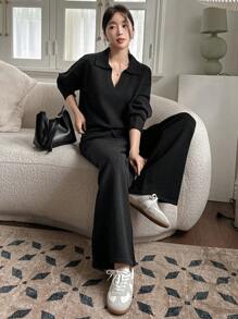 DAZY 2pcs Set: Solid Color Sweater And Wide Leg Pants For Women