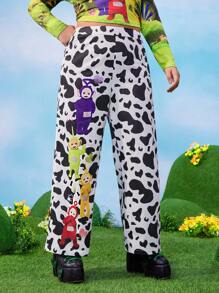 Teletubbies X SHEIN Plus Size Spring/Summer Y2K Coquette Kawaii Warm Retro Cow Print Tinky Winky Dipsy Laa-Laa Po Graphic Pants