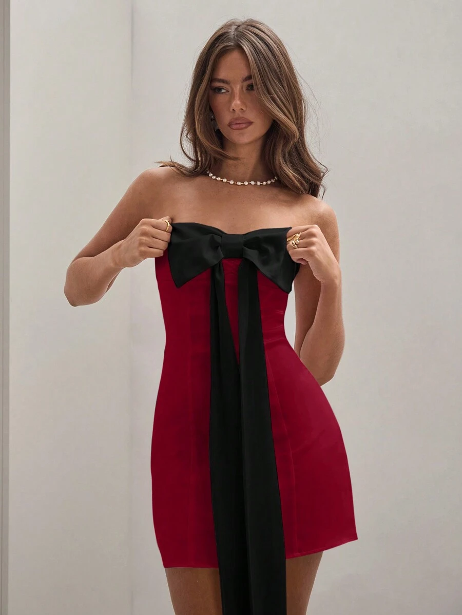 COSMINA Women's Satin Color Block Bow Decor Bandeau Mini Party Gala Cocktail Satin Dress - Burgundy - View 1