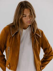 Aralina Dubbad krage Zip-Up Faux mocka Cropped Fashion Jacka