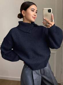 DAZY 女士宽松休闲纯色针织毛衣，秋季新品 - 藏蓝色 - 查看 5