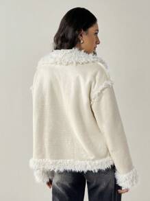 Forever 21 Women Casual Loose Twist Front Fluffy Trim Shoulder Drop Jacket For Autumn - Beige - View 6