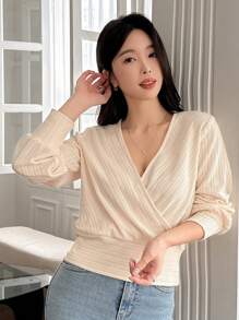 DAZY Women's Elegant V-Neck Cross-Wrapped Long Sleeve T-Shirt, Solid Color Design, New For Autumn,Fall Women Clothes - White - View 9