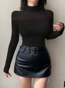 DAZY Women's Solid Color Black Turtleneck Long Sleeve Fitted T-Shirt, Autumn,Fall Women Clothes