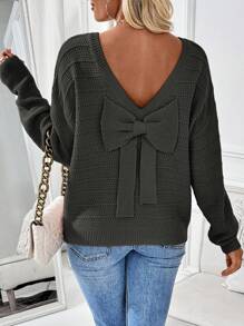SHEIN LUNE Maglione da donna con fiocco e design schiena scoperta, semplice e alla moda, casual, adatto per uso quotidiano, maglia a pullover per autunno e inverno - Grigio Scuro - Visualizzare 3