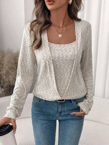 SHEIN Clasi Áo nỉ dệt kim co giãn dài tay cổ chữ V cỡ lớn cho nữ, mùa thu/đông - Màu Khaki - Xem 3