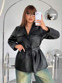 SHEIN EZwear Plus Size Solid Color Turn-Down Collar Cinched Waist Jacket, Autumn/Winter