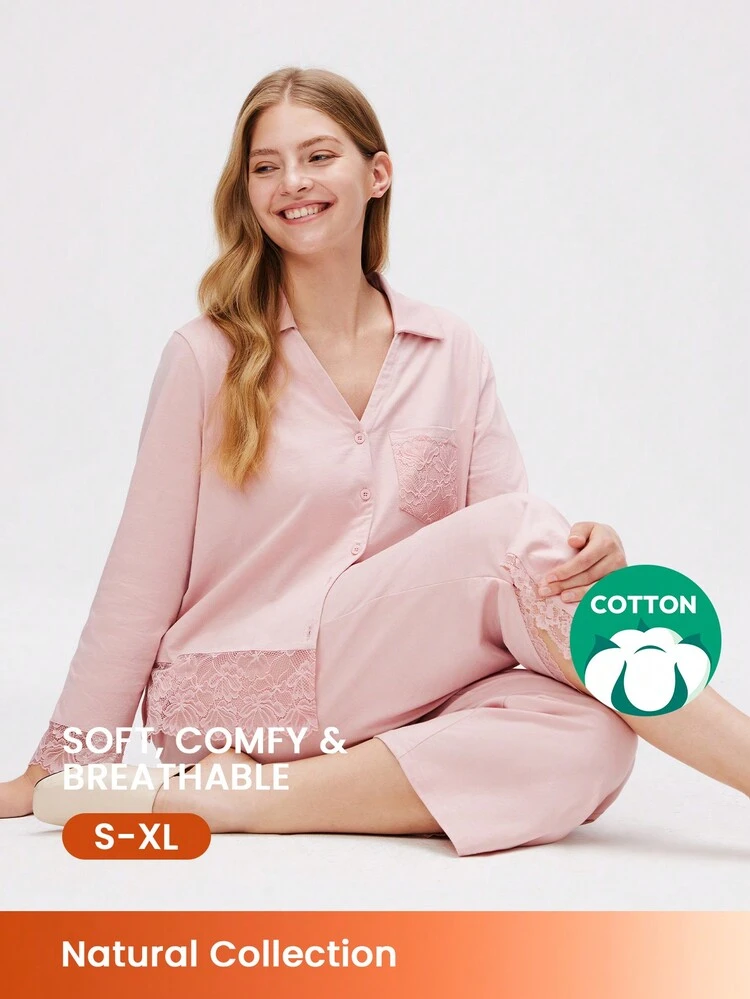 Cotton Lace Trim Button-Up PJ Set