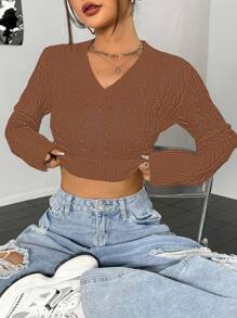 Flirla Suéter de cuello en V de unicolor, casual y versátil de manga larga para mujer