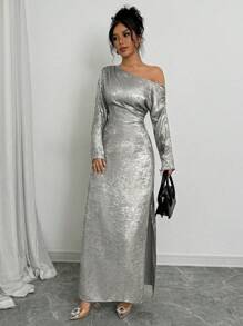 Chiquease Đầm Maxi Tay Dài Thanh Lịch Xiên Vai Vàng Cho Nữ Trang Phục Nữ - Bạc - Xem 6