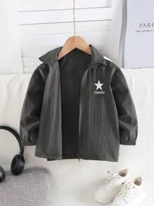 SHEIN Fete tânără, ocazional, stil stradal, guler răsturnat, mâneci raglan, jachetă de vânt cu imprimeu cu litere, pentru primăvară/toamnă
