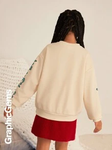 Tween Girl Cartoon Dog Print Round Neck Drop Shoulder Casual Sweatshirt, Autumn/Winter - Yellow - View 2