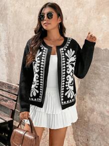 SHEIN LUNE Plus Size Women Geometric Pattern Drop Shoulder Long Sleeve Casual Knit Cardigan, Autumn/Winter - Black - View 3