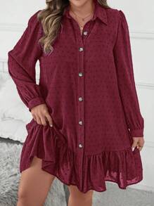 SHEIN Clasi 大码女式秋季提花灯笼袖衬衫罩衫连衣裙/返校连衣裙、教师连衣裙 - 酒紅色 - 查看 1