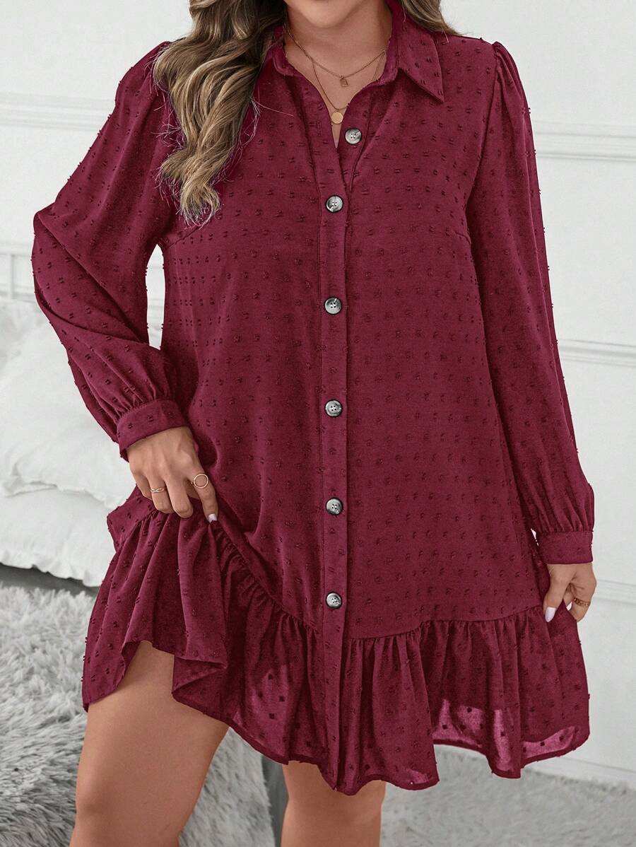 SHEIN Clasi 大码女式秋季提花灯笼袖衬衫罩衫连衣裙/返校连衣裙、教师连衣裙 - 酒紅色 - 查看 1