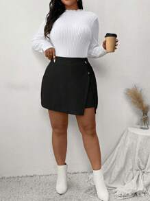 SHEIN Frenchy 大码休闲优雅皮革短裙，女式迷你裙裤，开衩短裙裤，优雅女装 - 黑色 - 查看 1