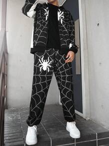 Manfinity LEGND Men Spider Web Print Zip-Up Hoodie And Drawstring Pants Set, Fall Clothes - Multicolor - View 1