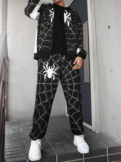 Manfinity LEGND Men Spider Web Print Zip-Up Hoodie And Drawstring Pants Set, Fall Clothes