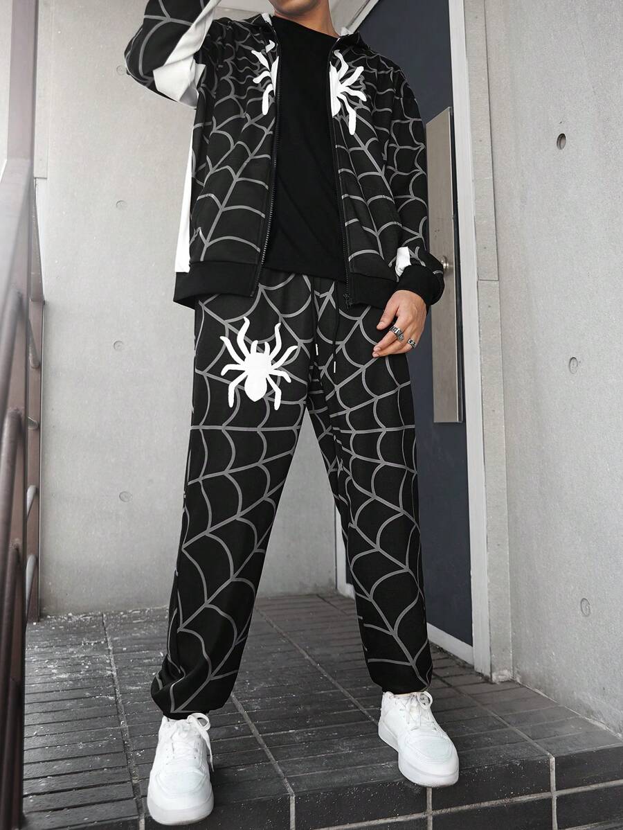 Manfinity LEGND Men Spider Web Print Zip-Up Hoodie And Drawstring Pants Set, Fall Clothes - Multicolor - View 1