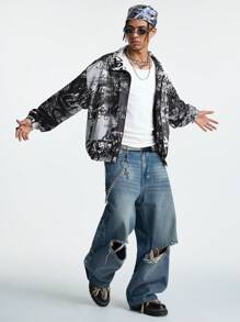 Manfinity VCAY Men's Graffiti Digital Print Loose Knitted Long Sleeve Jacket, For Fall Winter - Dark Grey - View 4