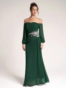 SHEIN Belle Váy dạ hội cao cấp trễ vai mới, hở vai, đuôi cá - Màu xanh lá cây đậm - Xem 5