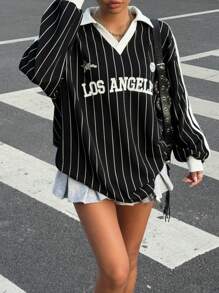 Muchica Women Striped Letter & Number Print Athletic Polo Collar Long Sleeve JerseyT-Shirt, New Arrival