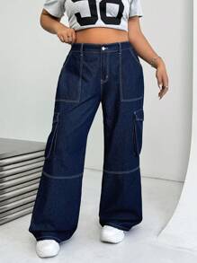 SHEIN EZwear 大码女式宽松直筒蓝色牛仔裤