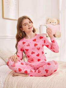 SHEIN Tween Girl Valentine's Day Pink Cute Minimalist Heart Pattern Round Neck Raglan Sleeve Soft Comfortable Skin-Friendly Casual Loungewear Jumpsuit Two-Piece Set, Sibling Outfits (2 Sets Sold Separately)