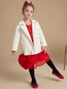 PrepCrw 年轻女孩学院风宽松米色编织双排扣翻领外套，秋冬 - 白色 - 查看 1