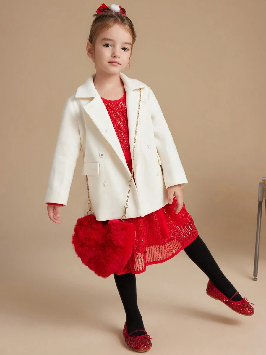 PrepCrw 年轻女孩学院风宽松米色编织双排扣翻领外套，秋冬 - 白色 - 查看 1